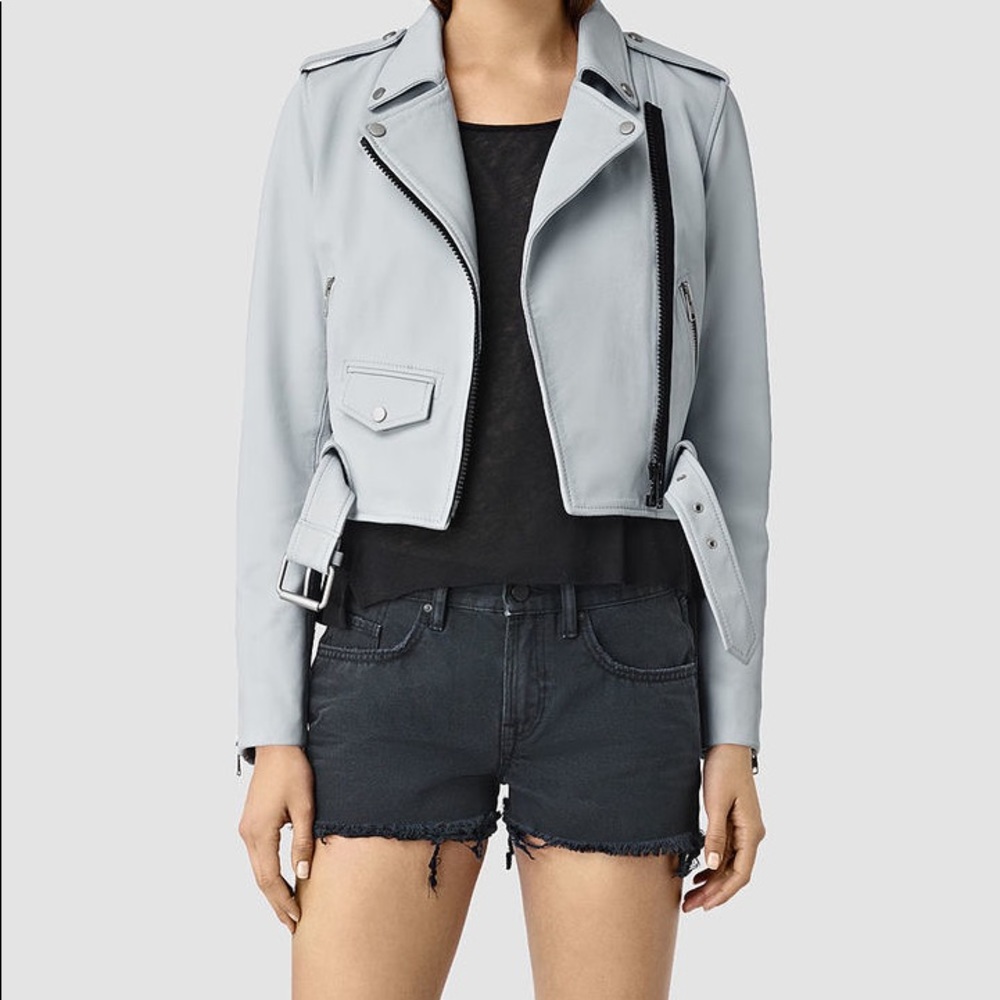ALLSAINTS Baron Leather Biker Jacket - Colour: Sky Blue - Size: UK 6/US